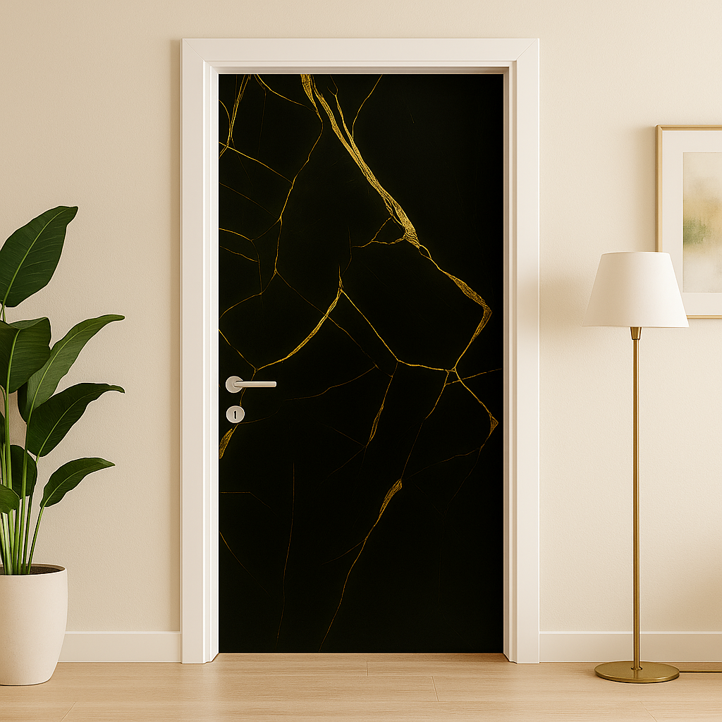 Porte décorative vinyle « Marbre noir doré »