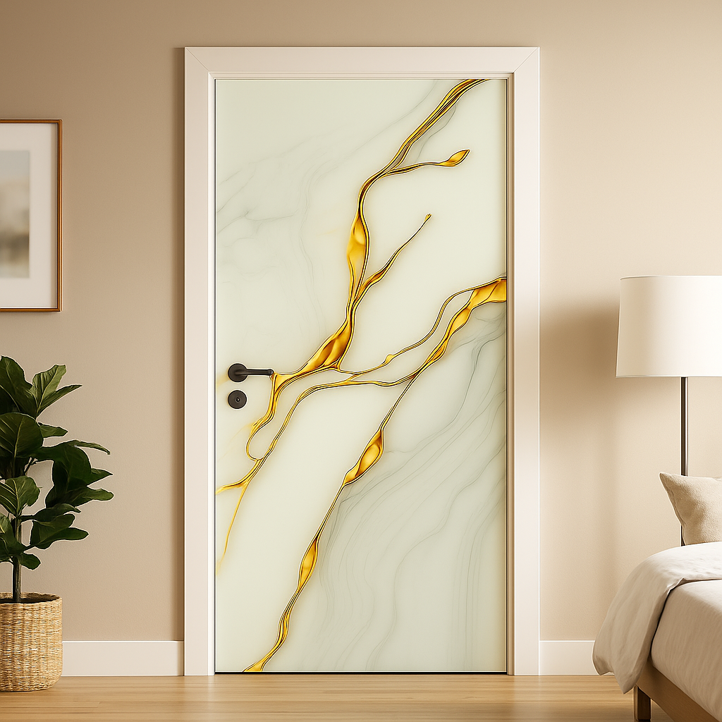 Porte décorative vinyle « Marbre blanc doré »